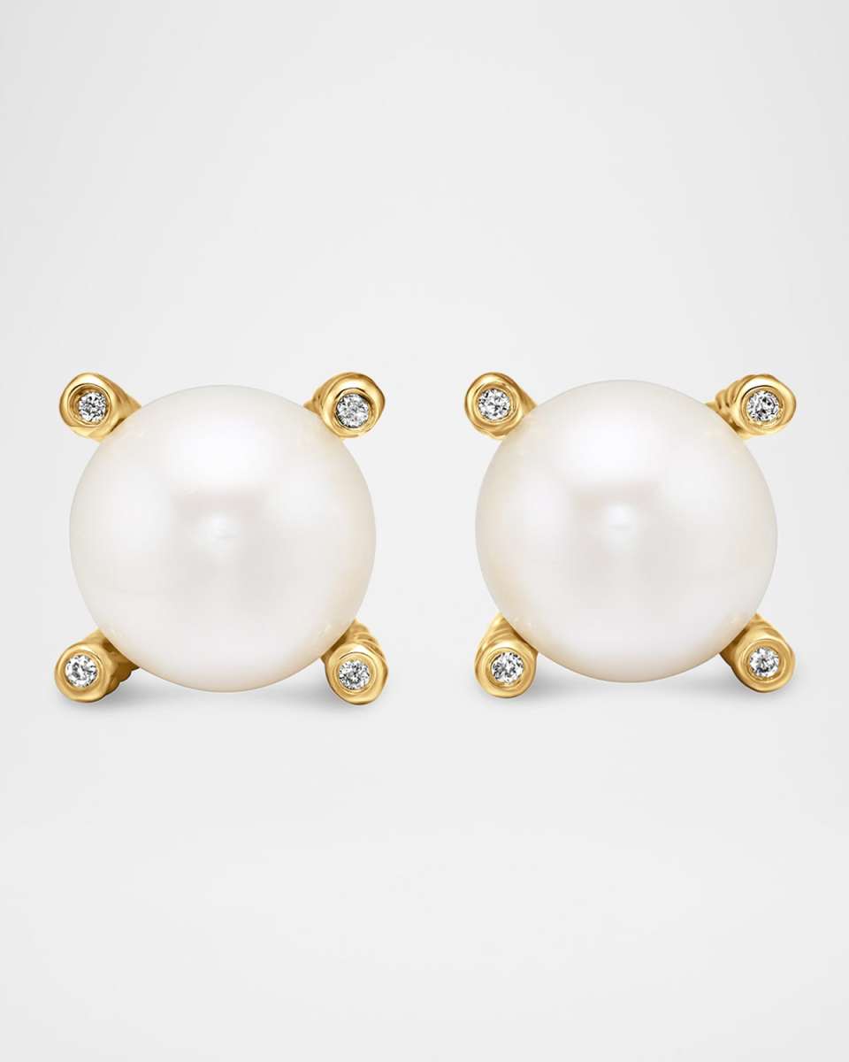 Pearl Stud Earrings with Diamonds in 18K Gold, 14mm